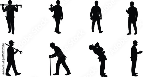 Construction worker silhouettes action poses, flat vector illustration, hard hat safety, tool belt equipment, wrench clipboard measuring, teamwork labor industry concept