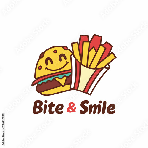 Happy Burger and Fries Characters with Bite & Smile Text Keywords: fast food, burger, fries