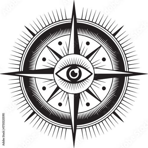 A black and white compass rose design with an eye in the center on a plain white background art