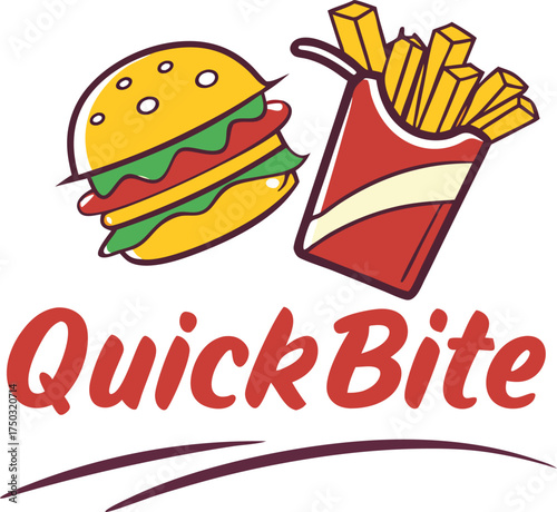 Quick Bite Burger and Fries Logo with Red Text and Swirls Keywords: quick bite, logo, burger