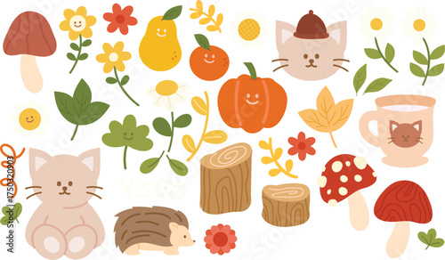 Whimsical autumn collection of cute cartoon animals, smiling fruit, vibrant flowers and charming mushrooms, perfect for seasonal designs and playful projects, originally created as vector art