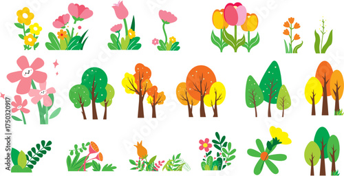 Delightful spring blossoms and playful trees for whimsical designs, perfect for children's books and cheerful spring decorations, originally created as a scalable vector graphic
