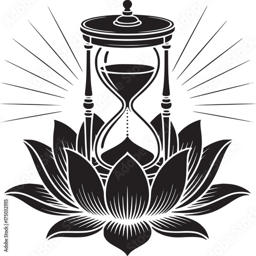 Black and white illustration of an hourglass on a lotus flower with radiating lines on a white background