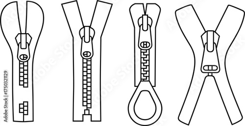 Four Zipper Icons in Outline on White Background fastener closure
