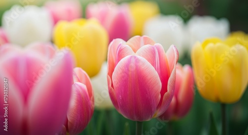 Close up of pink, yellow, and white tulips