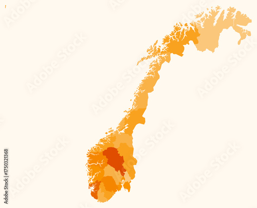 Map of Norway with regions. Just a simple country border map with region division. Orange color palette. Blank Norway shape with administrative division. Vector illustration.