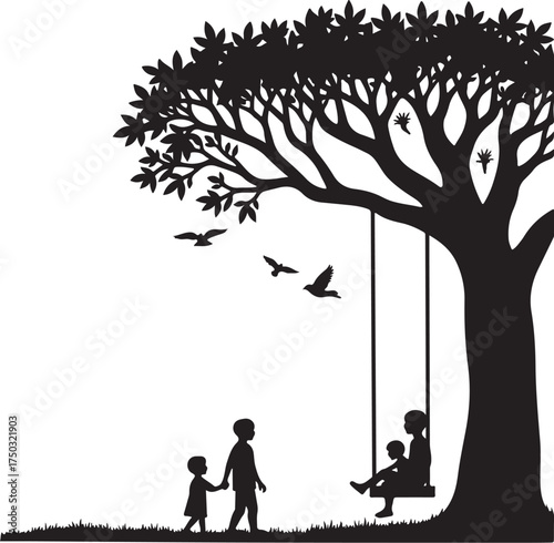 Black silhouette of a tree with children on a swing and birds