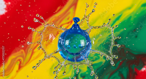 Blue water balloon bursting with water splashing outwards against a vibrant colorful background