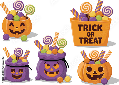 Halloween candy buckets and bags with trick or treat text and lollipops Keywords: halloween