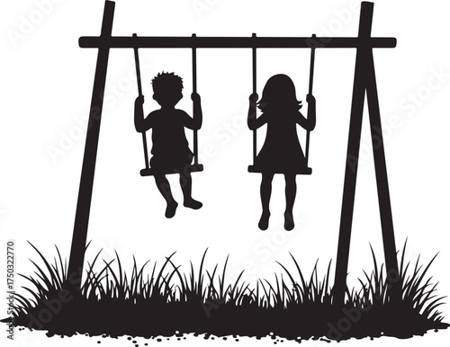 Black silhouette of two children on a swing set with grass