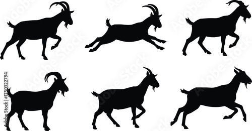 Goat silhouette vector set, black farm animal shapes, walking and jumping poses, livestock icons, isolated goat design, white background illustration