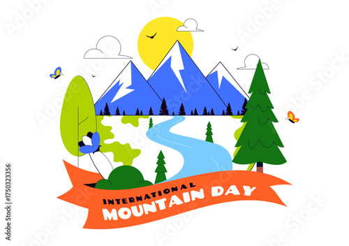 International Mountain Day Vector Illustration Celebrated on December 11, Featuring Mountain Landscape, Green Valleys, and Trees in a Flat Background