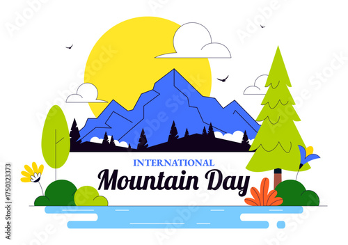 International Mountain Day Vector Illustration Celebrated on December 11, Featuring Mountain Landscape, Green Valleys, and Trees in a Flat Background