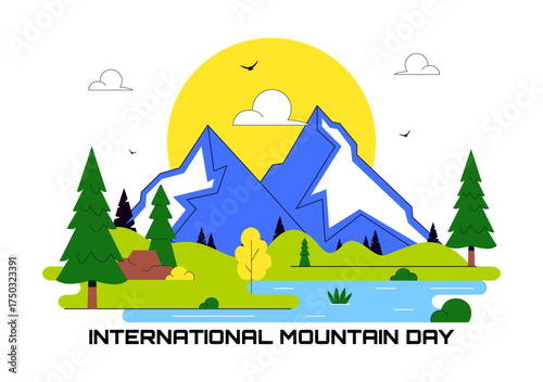 International Mountain Day Vector Illustration Celebrated on December 11, Featuring Mountain Landscape, Green Valleys, and Trees in a Flat Background