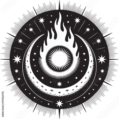 A black and white celestial design featuring a sun moon stars and flames in a circular pattern