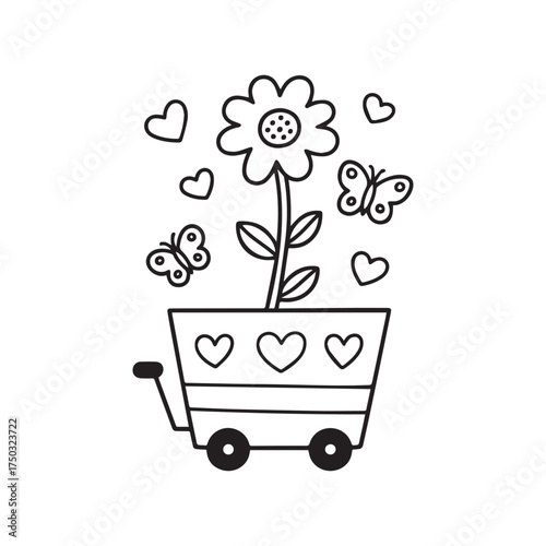  Simple Flower Wagon With Hearts And Butterflies Toddler-Friendly Line Art Design. 