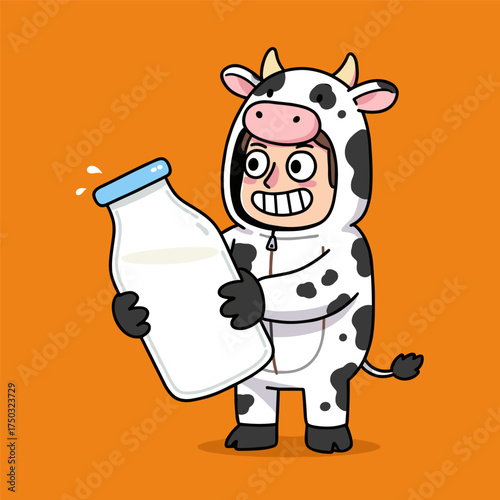 Cartoon character in black-spotted cow costume holding a large milk bottle, smiling widely with pink snout and ears, set against an orange background.