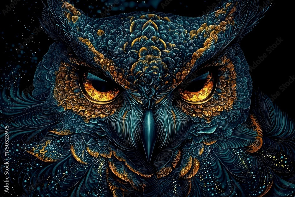 Naklejka premium Stunning digital artwork featuring a mystical owl's face.