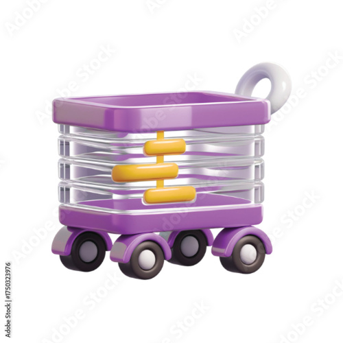 A 3D rendered illustration of a purple and clear collapsible shopping cart with yellow accents and wheels, isolated on a white background.