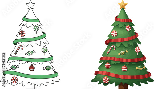 Christmas tree coloring page and festive decorated version, holiday candy ornaments, star topper comparison illustration for kids, flat vector