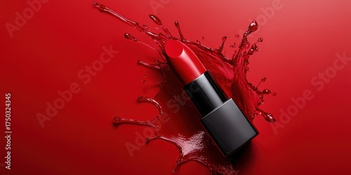 A red lipstick is on a red background with a splash of red paint