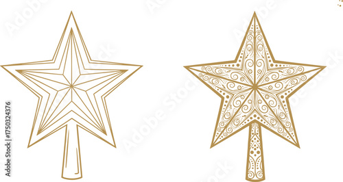 Flat vector illustration of star shaped tree toppers with gold swirl and geometric design, festive holiday decoration, elegant seasonal concept