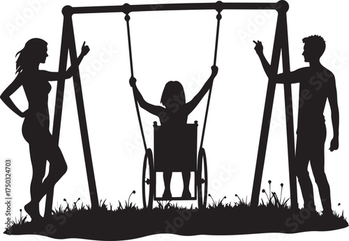 Silhouette of people on playground swing with child in wheelchair