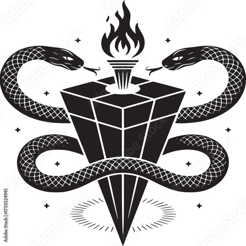 Striking snake emblem with geometric gem and burning torch for edgy modern design projects now