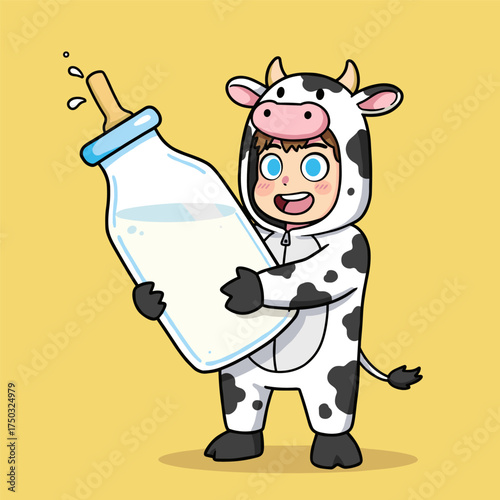 Child in white cow costume with black spots, holding a large milk bottle, smiling with blue eyes and rosy cheeks, set against a yellow background.