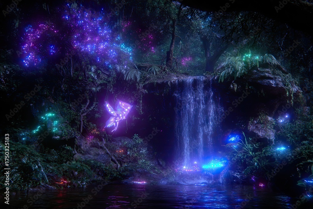 Obraz premium Fantasy forest scene, glowing flora and fauna
