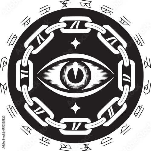 Mystical eye with chains and symbols evokes ancient lore and enigmatic power for fantasy designs
