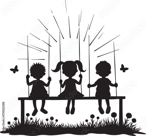 Three children silhouettes on a swing set with butterflies