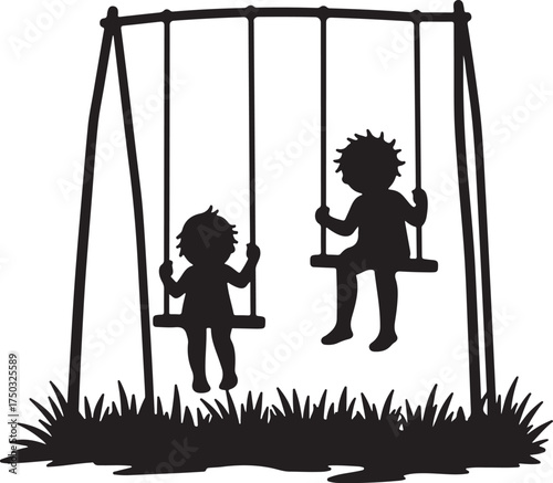 Two children silhouettes on a swing set in grass black and white