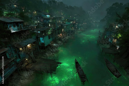 Misty, eerie river town with dilapidated houses