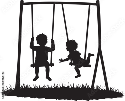 Two children silhouettes on a swing set in grass kids