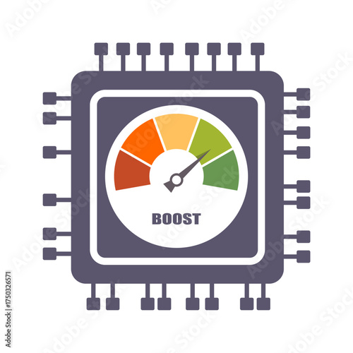 Instrument scale with arrow inside CPU microprocessor. Boost level measuring device