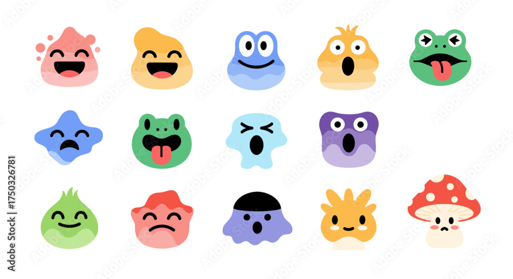 Obraz premium A charming collection of cute and colorful cartoon monster faces expressing a range of emotions and styles.