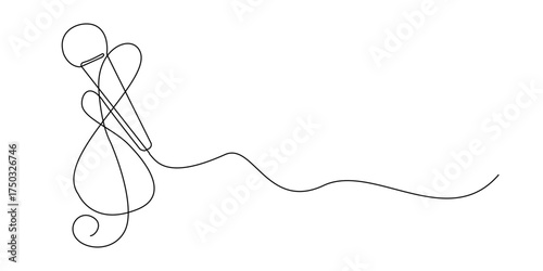 one continuous line of treble clef and mic. single line drawing of music competition sign, vocal competition, music group and orchestra. single line vector illustration