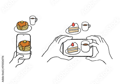 スマホでスイーツを撮影している手描きイラスト
