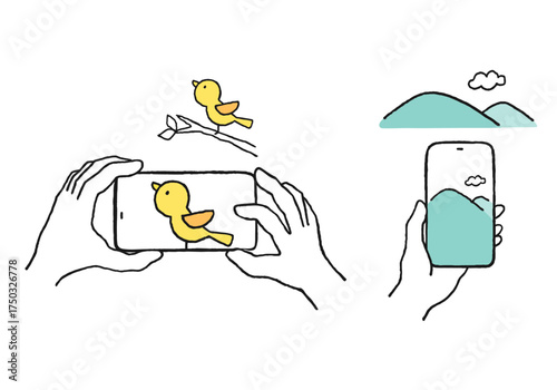 スマホで山や鳥を撮影している手描きイラスト