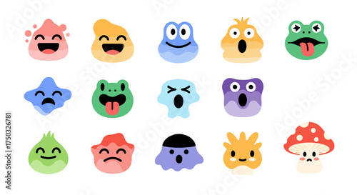 A charming collection of cute and colorful cartoon monster faces expressing a range of emotions and styles.