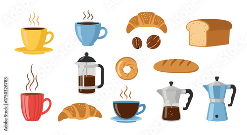 A collection of steaming hot beverages and baked goods for breakfast.