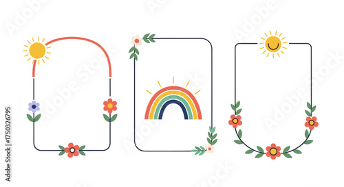 Charming floral and rainbow elements to decorate invitations and cards.