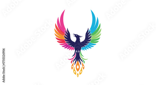 The majestic phoenix with vibrant multicolored wings taking flight in a powerful ascension.