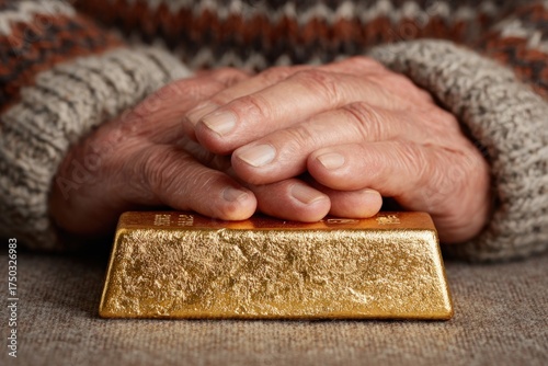 Elderly couple holding hands over golden financial asset personal space close-up shot warm atmosphere