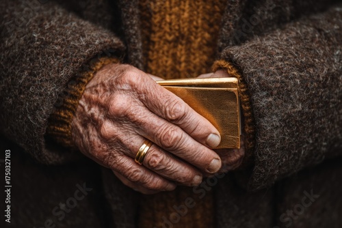 Elderly man holding gold ring and savings home close-up warm lighting financial security concept
