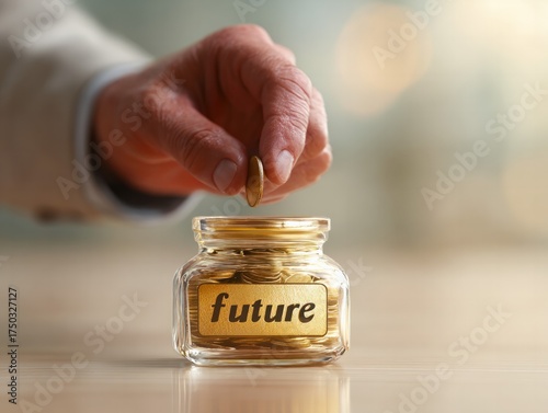 Investment action man depositing coin into future fund jar indoor environment close-up shot