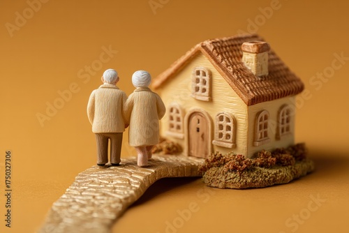 Senior couple walking on golden path towards home cozy environment heartwarming concept close-up view
