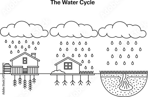 Illustration of the Water Cycle Showing Rain Clouds and Houses Keywords: water cycle, rain