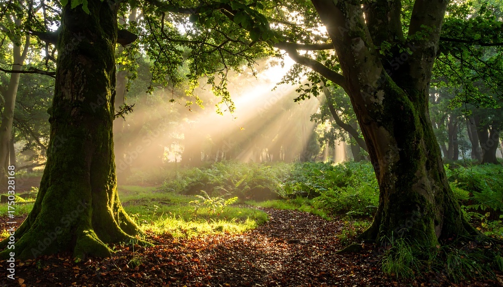 Naklejka premium Sunlight filters through forest canopy, illuminating a woodland path